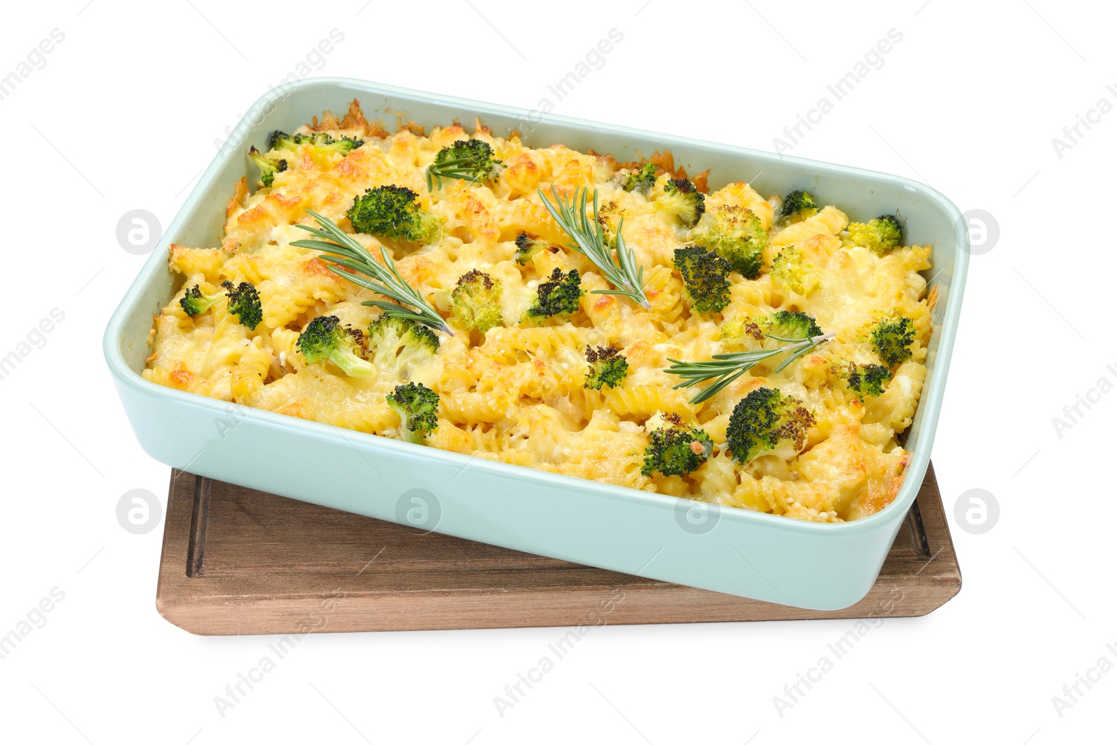 Photo of Tasty pasta casserole with cheese, rosemary and broccoli in baking dish isolated on white