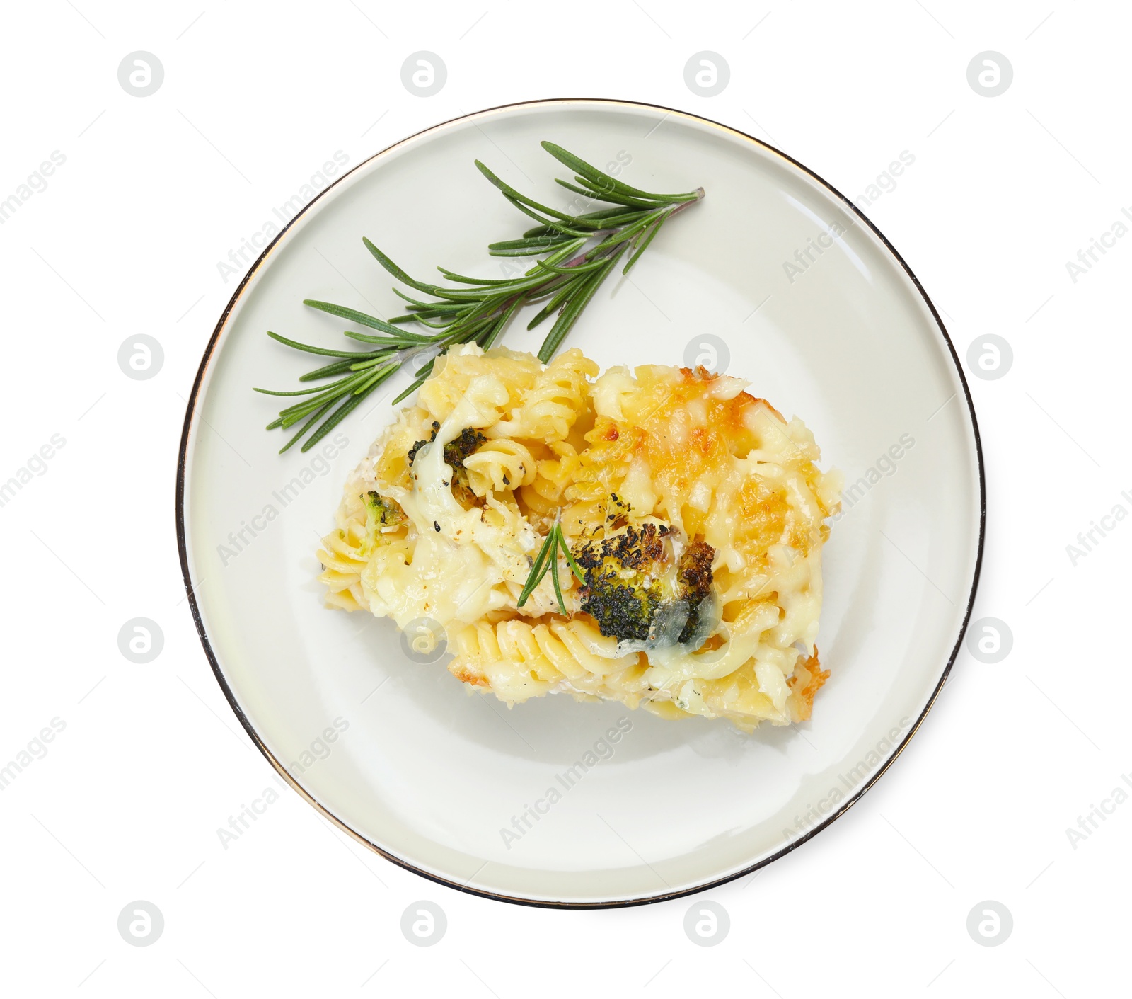 Photo of Tasty pasta casserole with cheese and broccoli isolated on white, top view