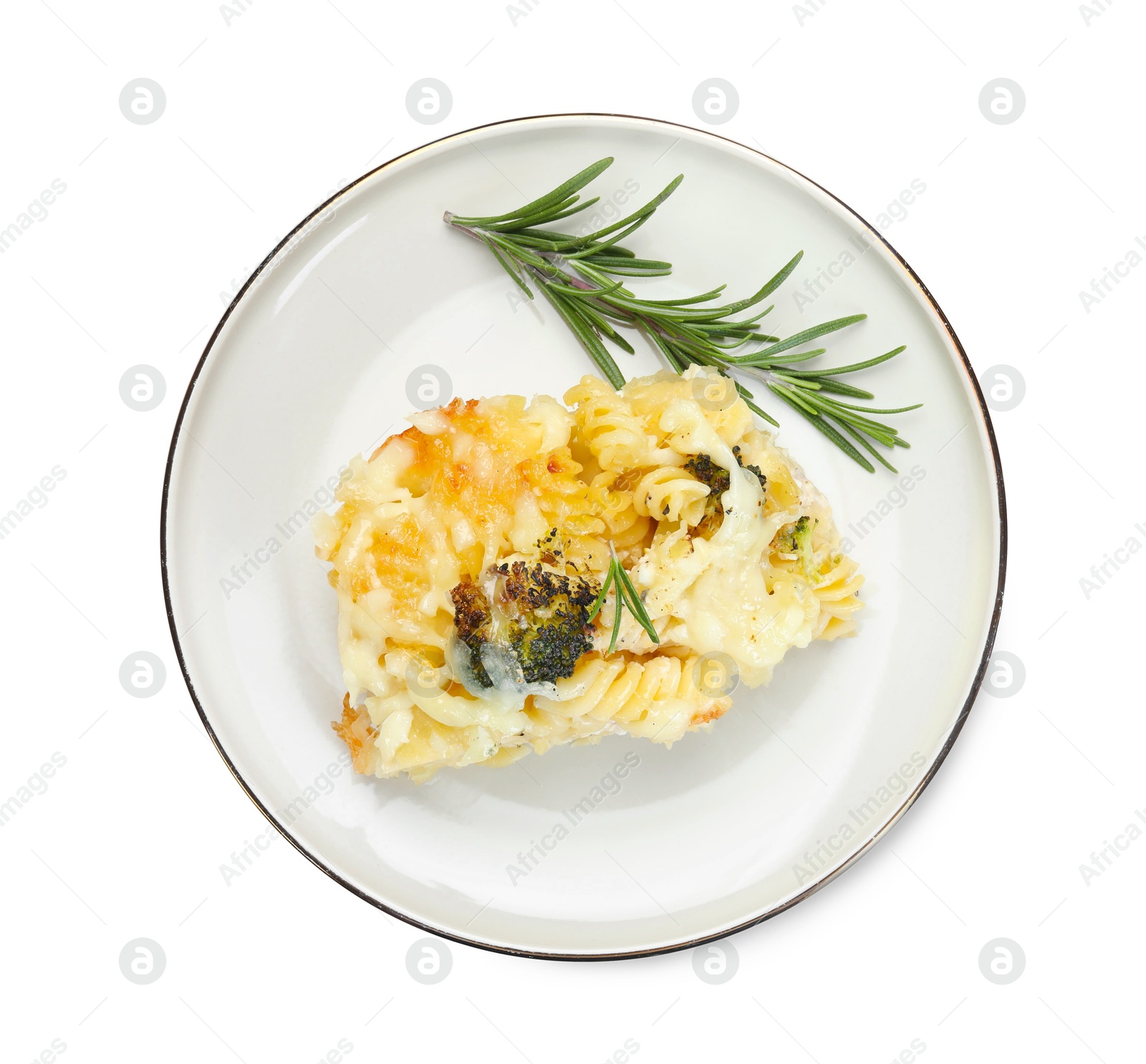 Photo of Tasty pasta casserole with cheese and broccoli isolated on white, top view