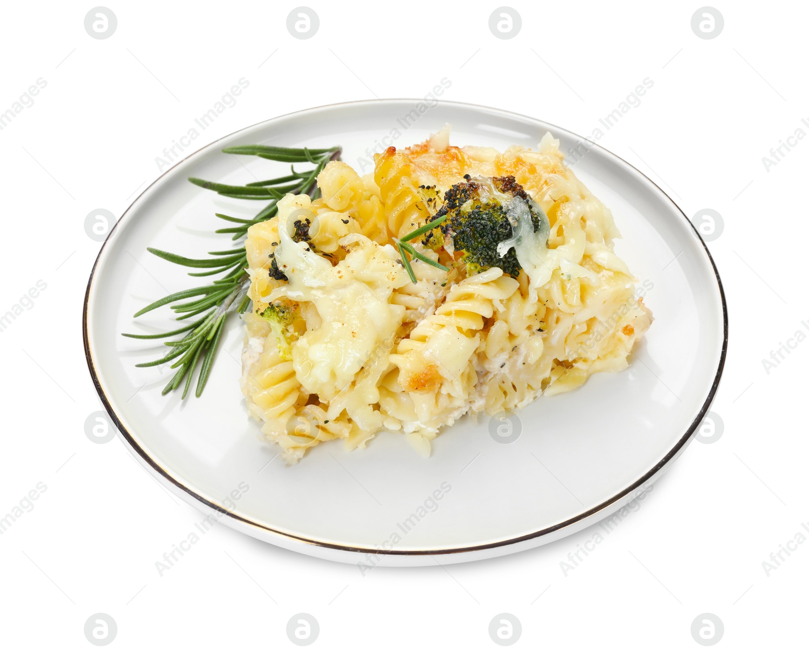 Photo of Tasty pasta casserole with cheese and broccoli isolated on white