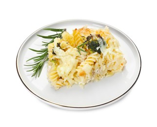 Photo of Tasty pasta casserole with cheese and broccoli isolated on white