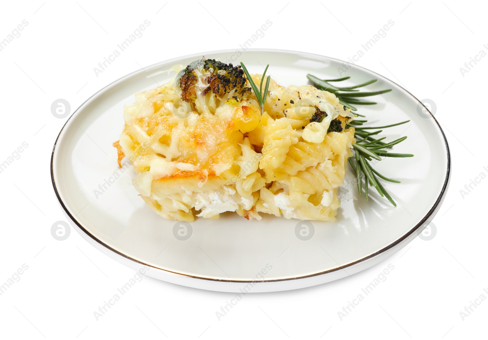 Photo of Tasty pasta casserole with cheese and broccoli isolated on white