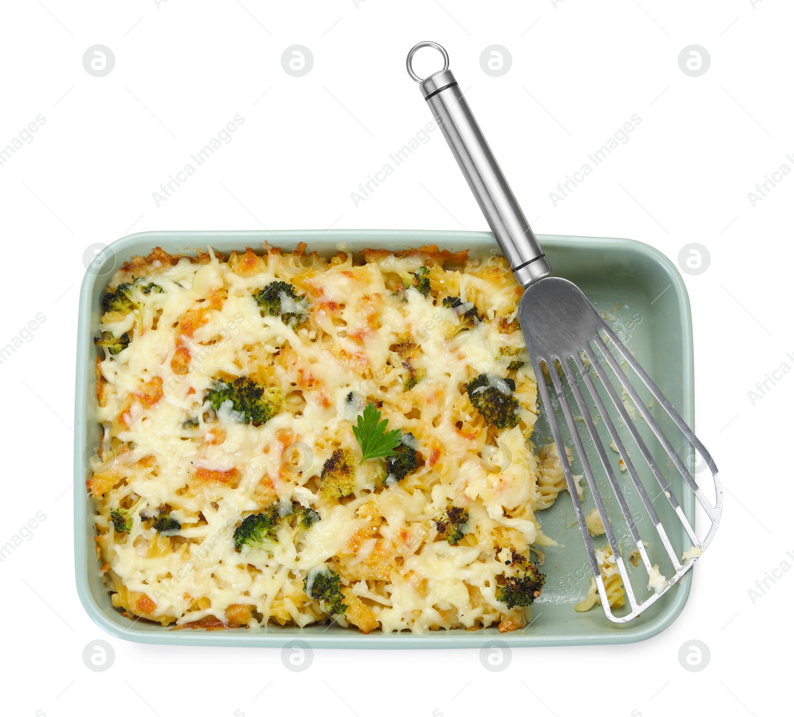 Photo of Tasty pasta casserole with cheese and broccoli isolated on white, top view