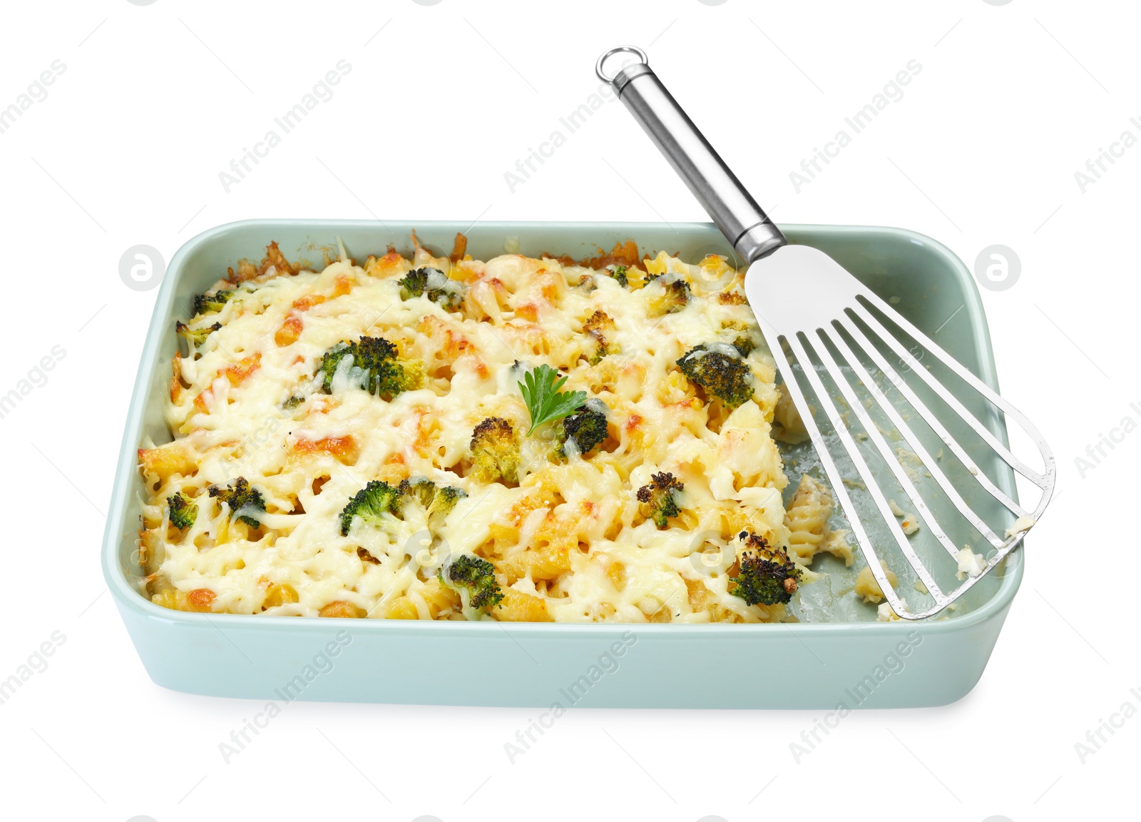 Photo of Tasty pasta casserole with cheese and broccoli isolated on white