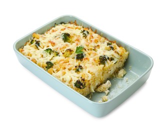 Photo of Tasty pasta casserole with cheese and broccoli isolated on white