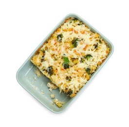 Photo of Tasty pasta casserole with cheese and broccoli isolated on white, top view