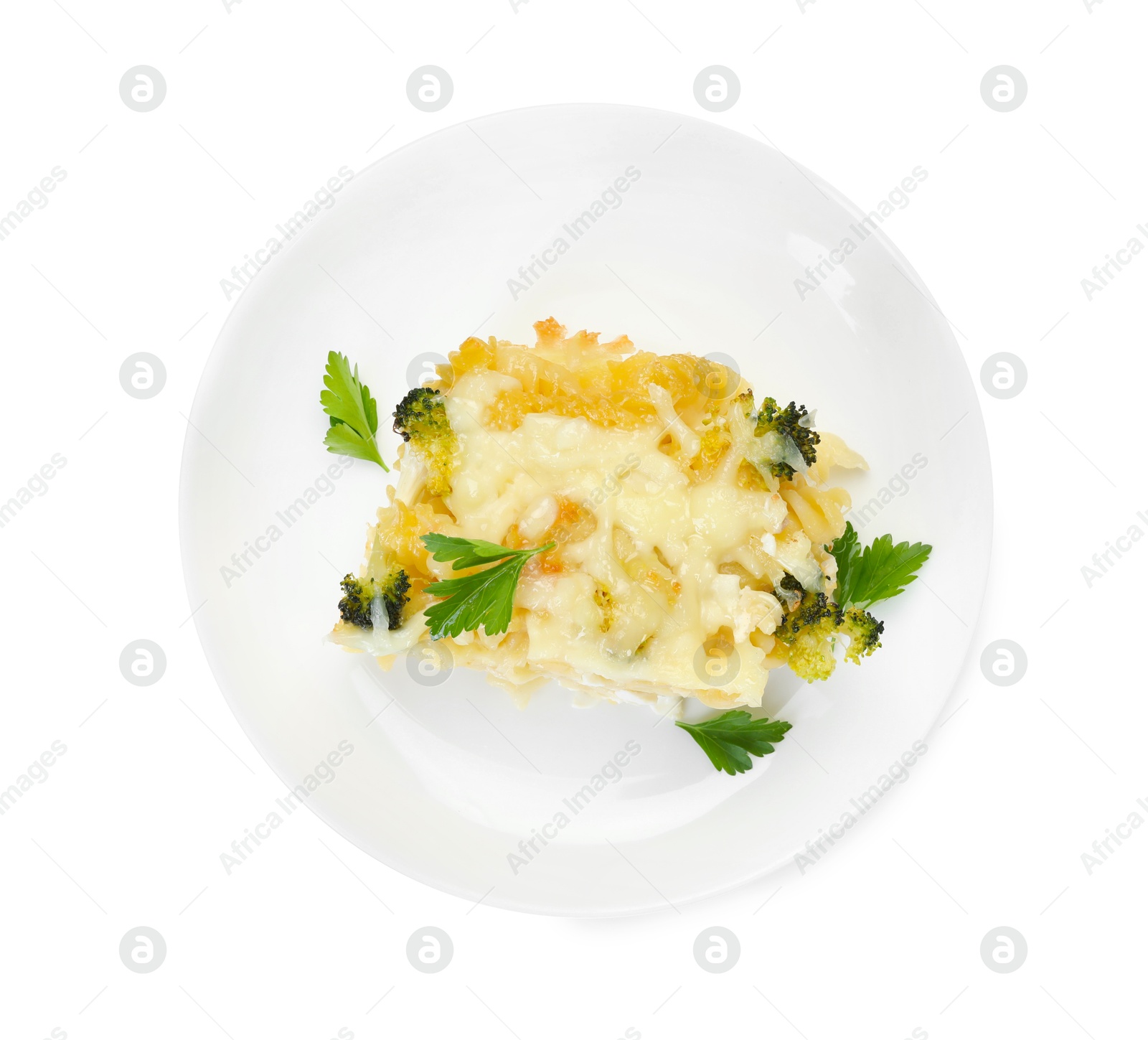 Photo of Tasty pasta casserole with cheese and broccoli isolated on white, top view