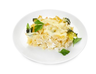 Photo of Tasty pasta casserole with cheese and broccoli isolated on white