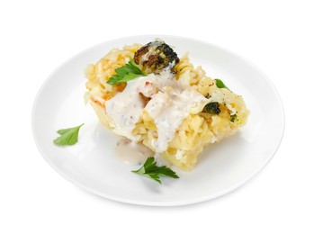 Photo of Tasty pasta casserole with cheese broccoli and sauce isolated on white