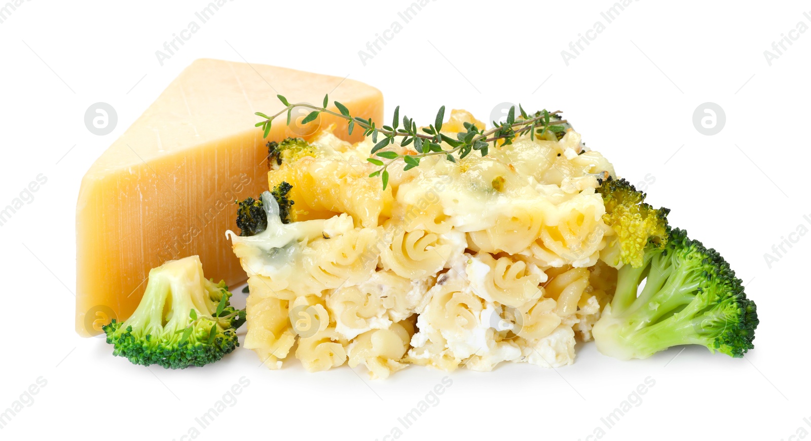 Photo of Tasty pasta casserole with cheese and broccoli isolated on white