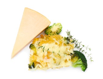 Photo of Tasty pasta casserole with cheese and broccoli isolated on white, top view