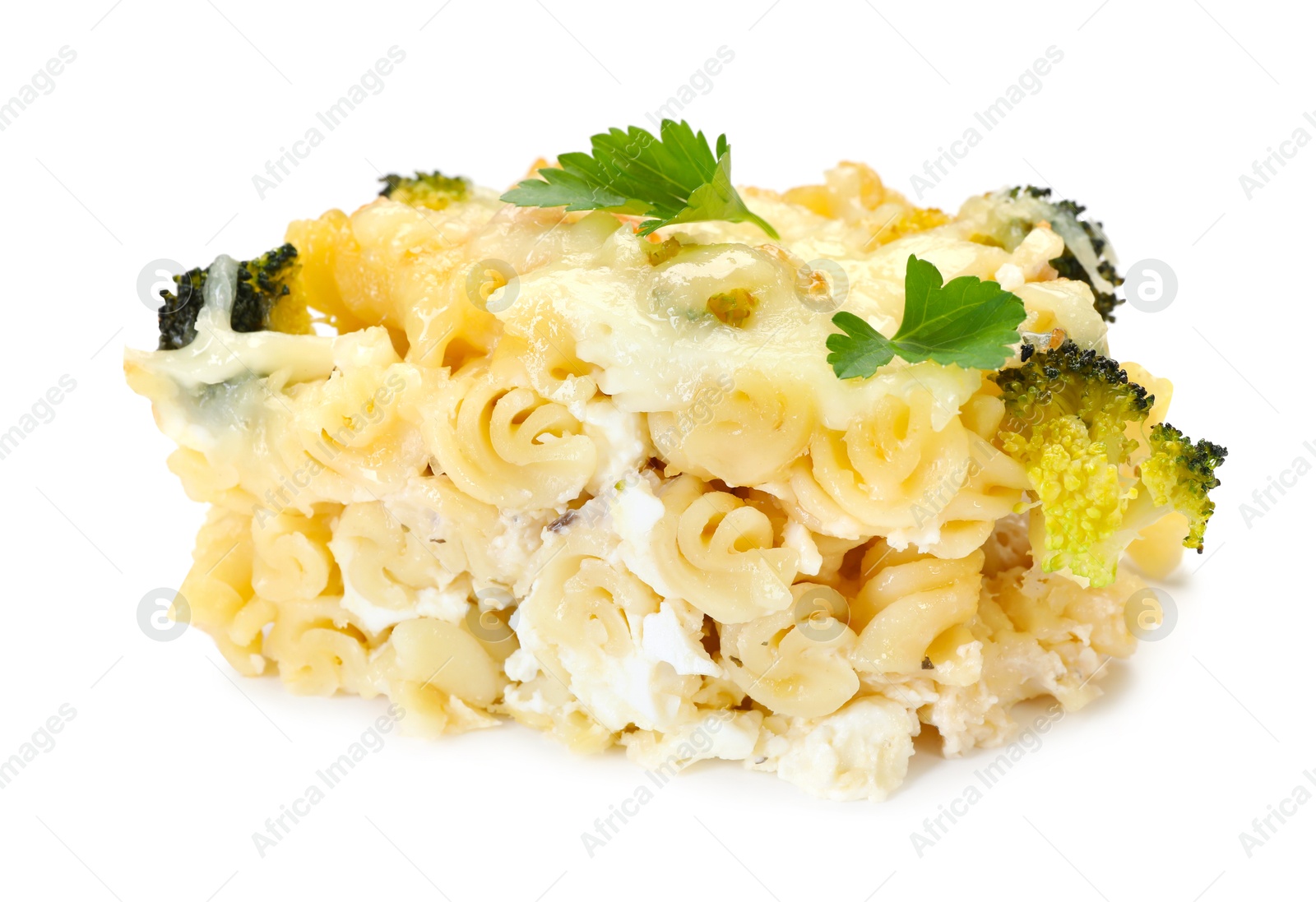 Photo of Tasty pasta casserole with cheese and broccoli isolated on white