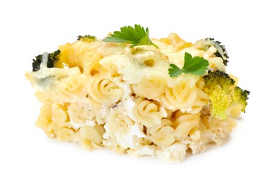 Photo of Tasty pasta casserole with cheese and broccoli isolated on white