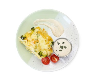 Photo of Tasty pasta casserole with cheese, broccoli, sauce and cut tomato isolated on white, top view