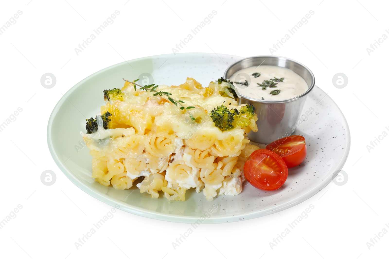 Photo of Tasty pasta casserole with cheese, broccoli, sauce and cut tomato isolated on white