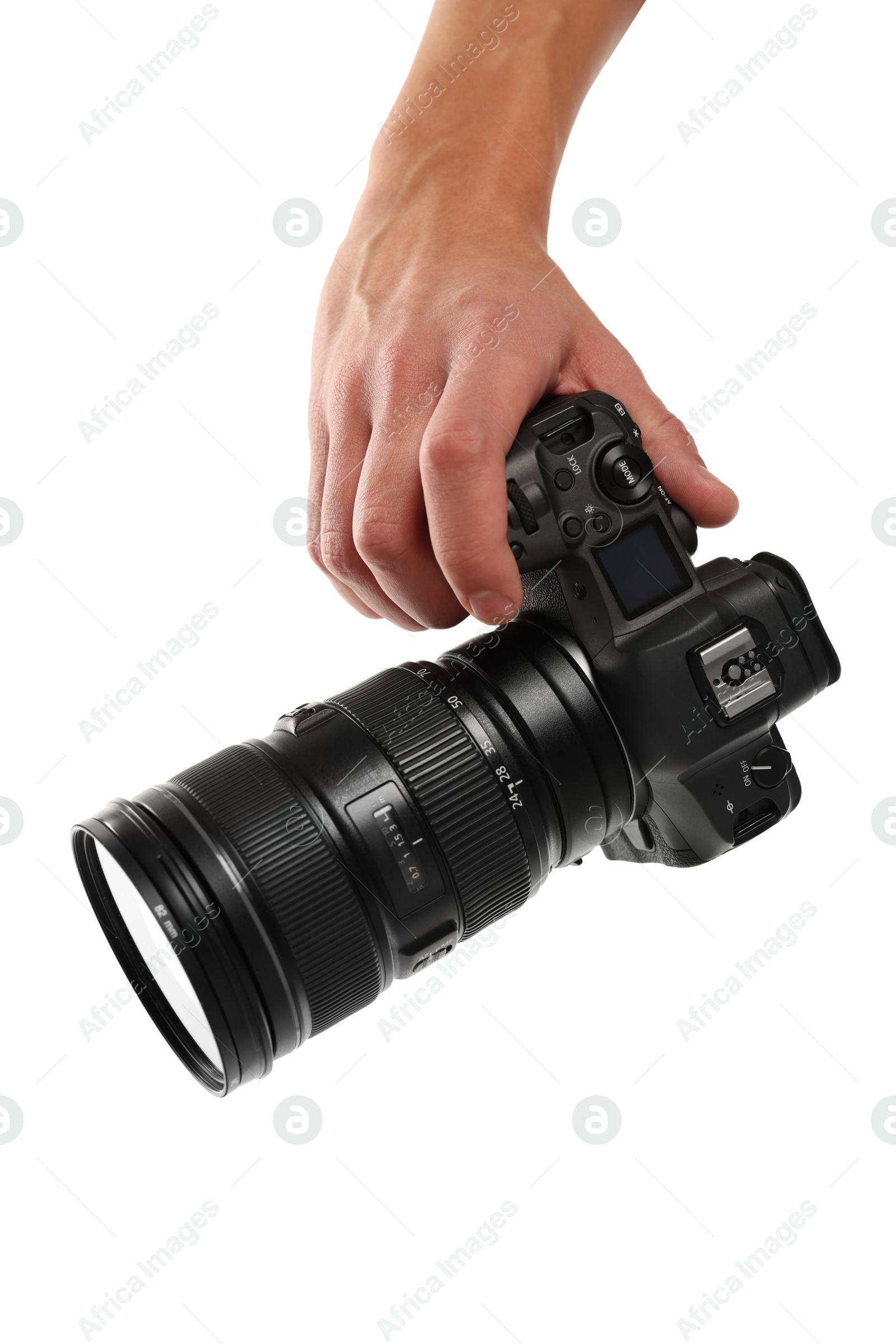 Photo of Photographer with professional camera on white background, closeup