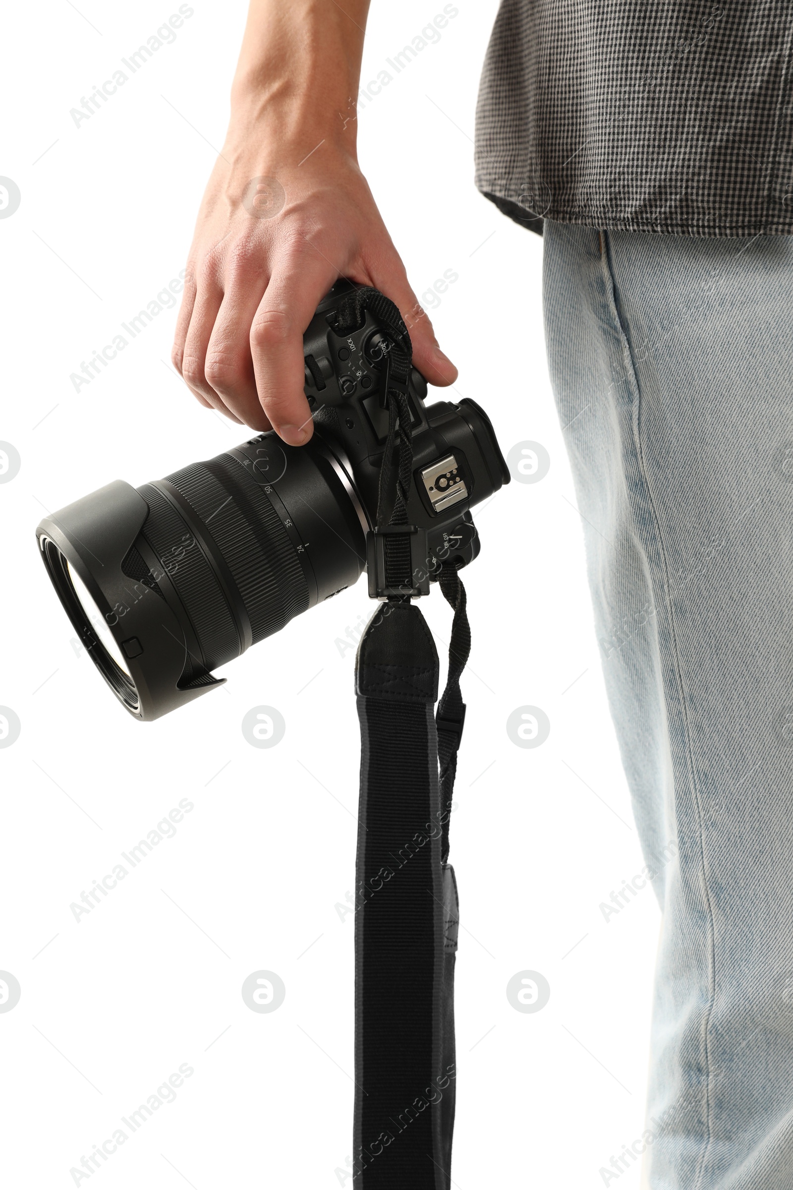 Photo of Photographer with professional camera on white background, closeup