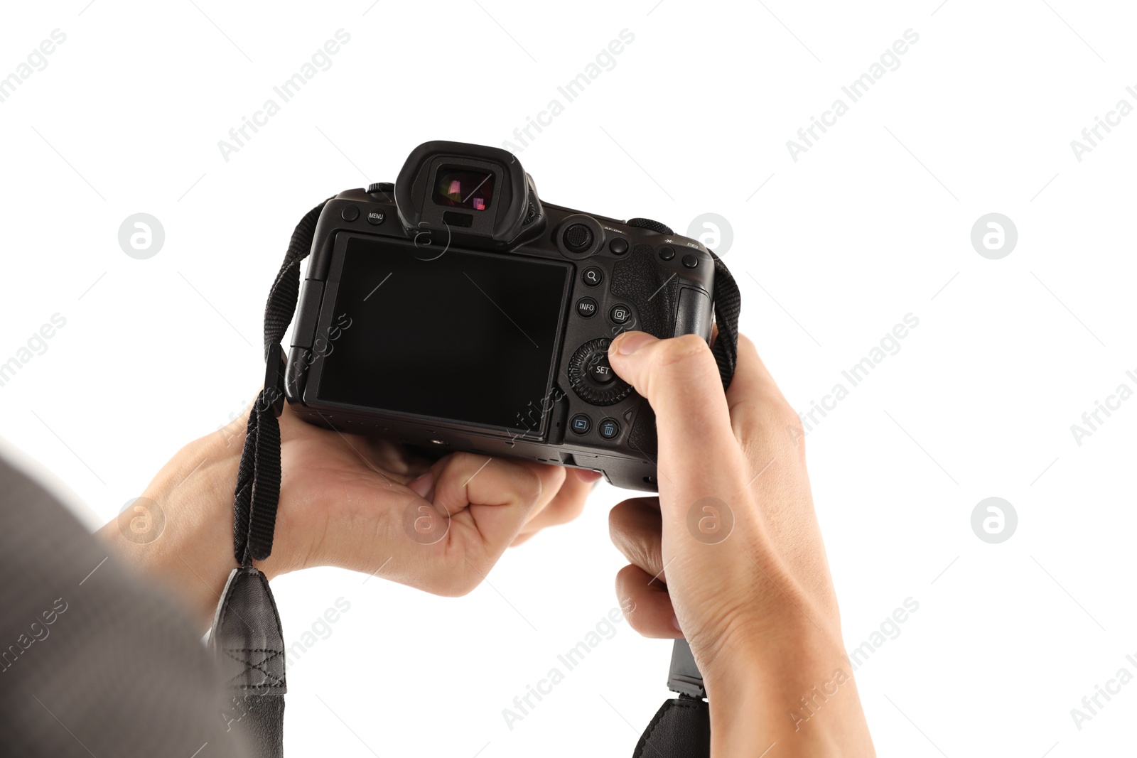 Photo of Photographer with professional camera on white background, closeup