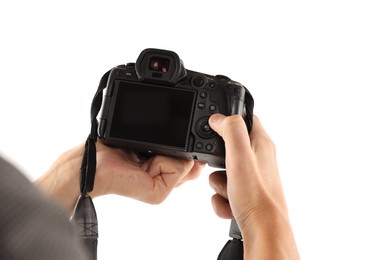 Photo of Photographer with professional camera on white background, closeup