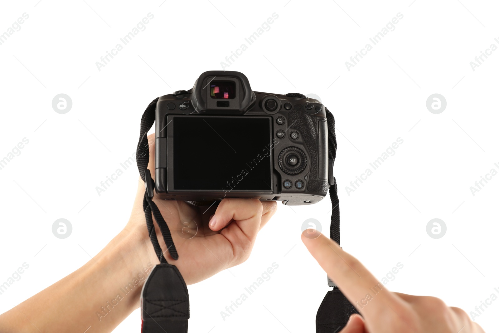 Photo of Photographer with professional camera on white background, closeup