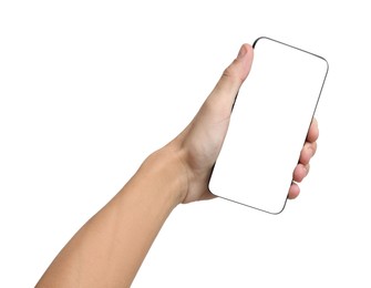 Photo of Man with modern smartphone on white background, closeup