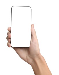 Photo of Man with modern smartphone on white background, closeup