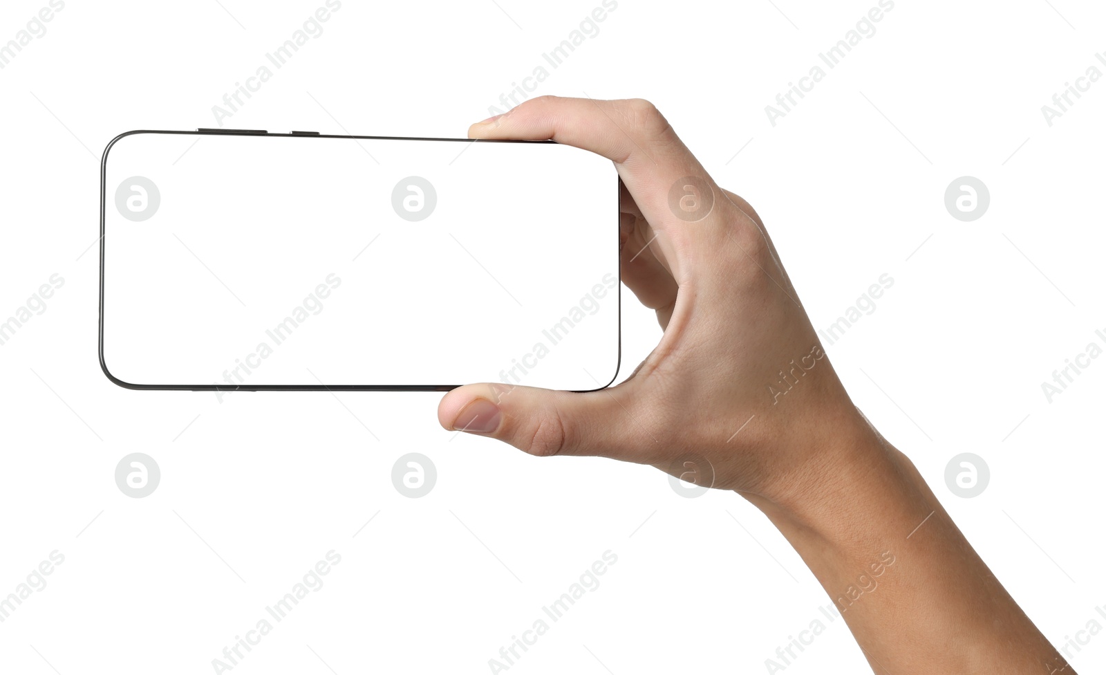 Photo of Man with modern smartphone on white background, closeup