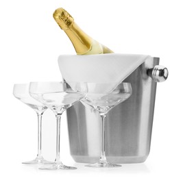 Photo of Bottle of champagne in ice bucket and empty glasses isolated on white