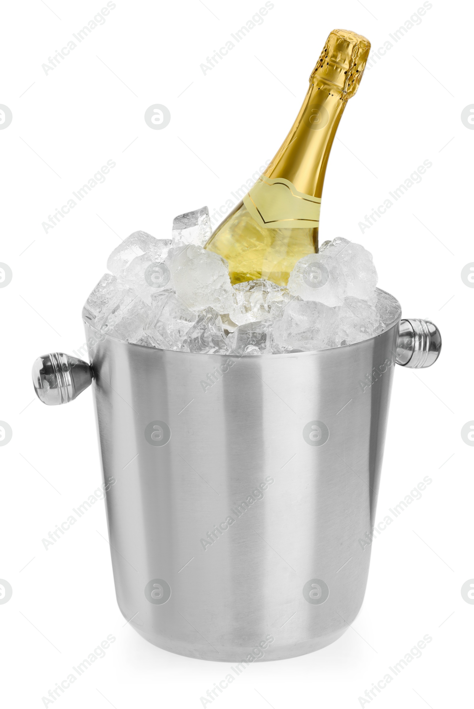 Photo of Bottle of champagne in ice bucket isolated on white