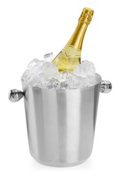 Photo of Bottle of champagne in ice bucket isolated on white