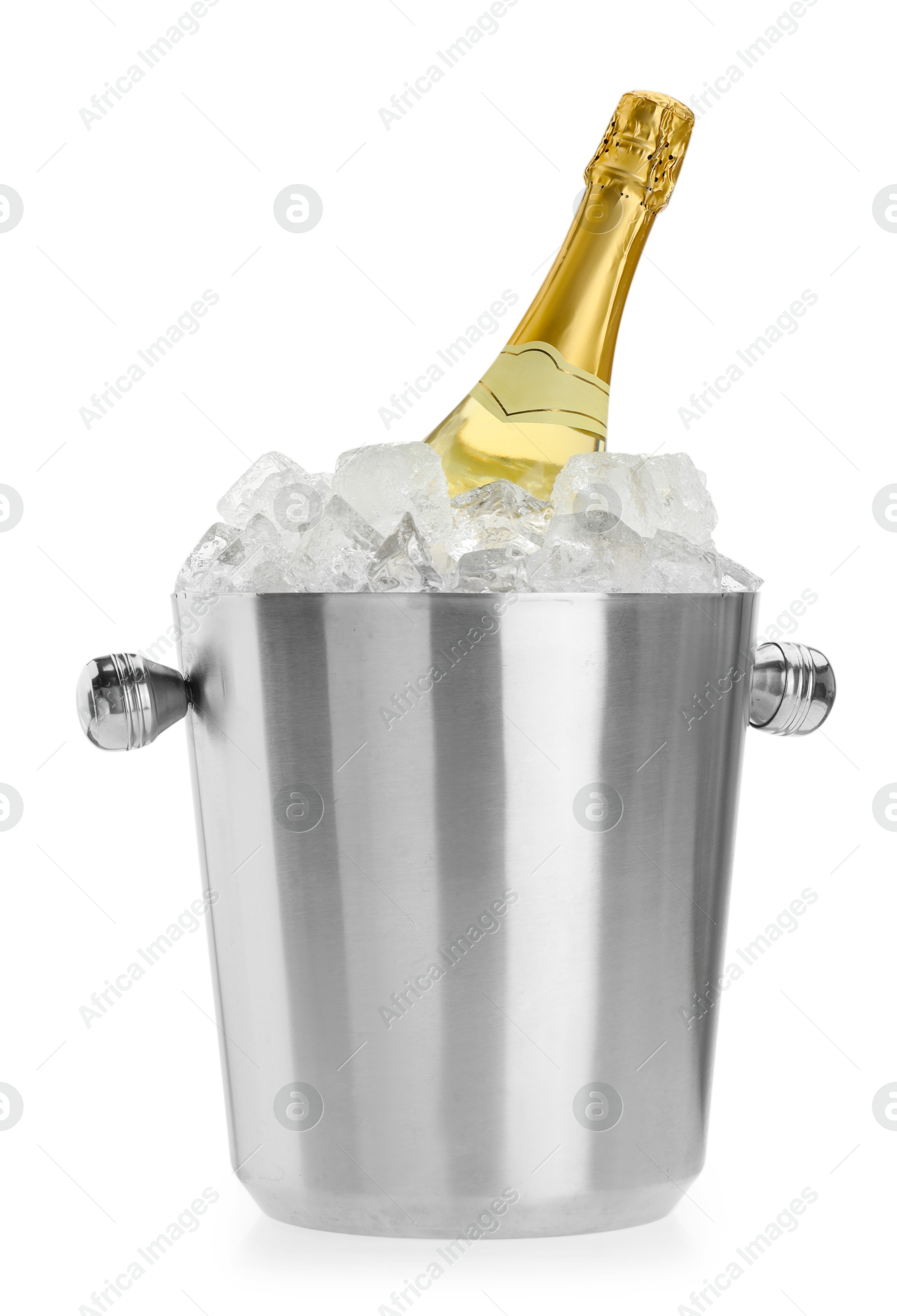 Photo of Bottle of champagne in ice bucket isolated on white