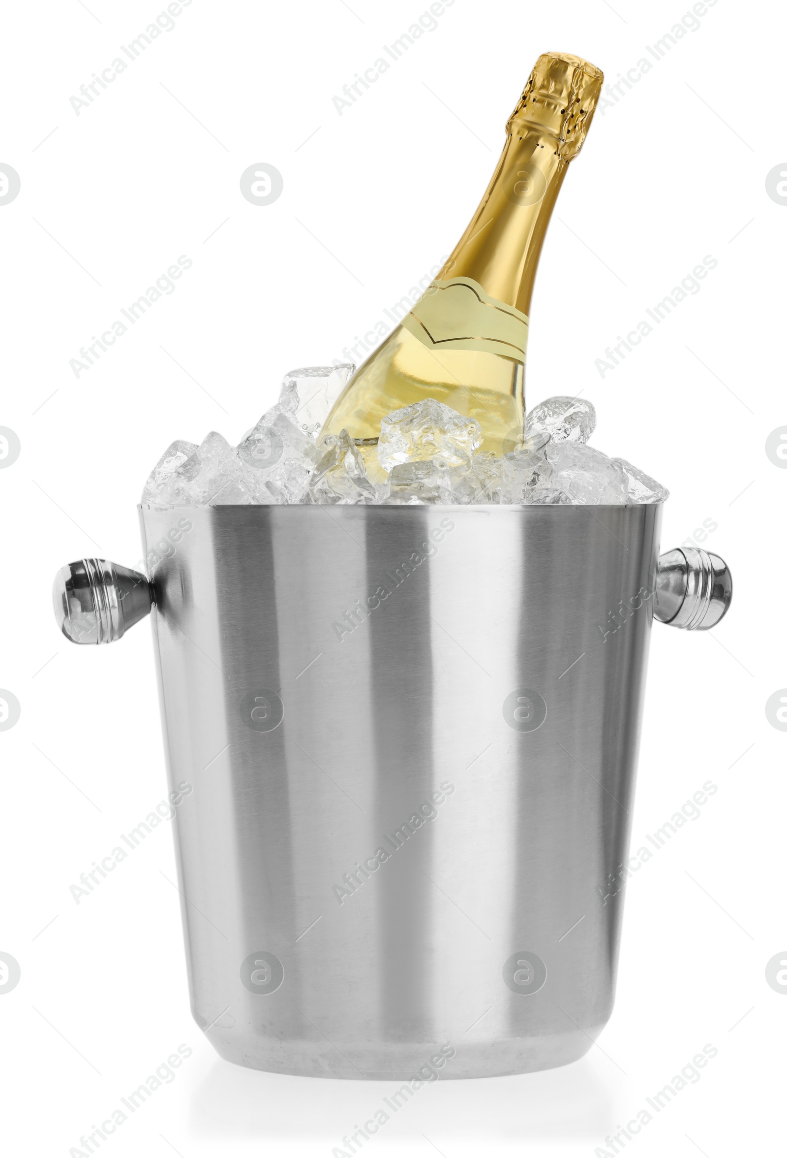 Photo of Bottle of champagne in ice bucket isolated on white