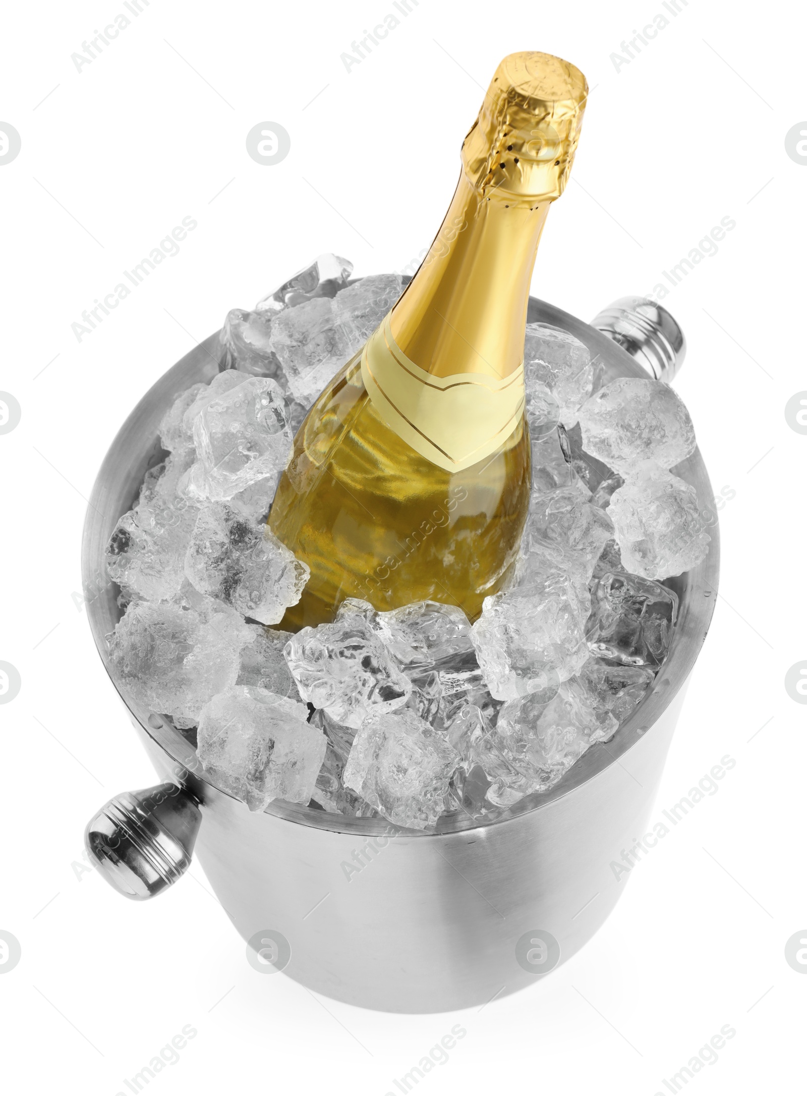 Photo of Bottle of champagne in ice bucket isolated on white