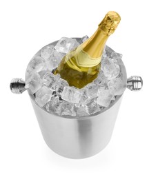 Photo of Bottle of champagne in ice bucket isolated on white