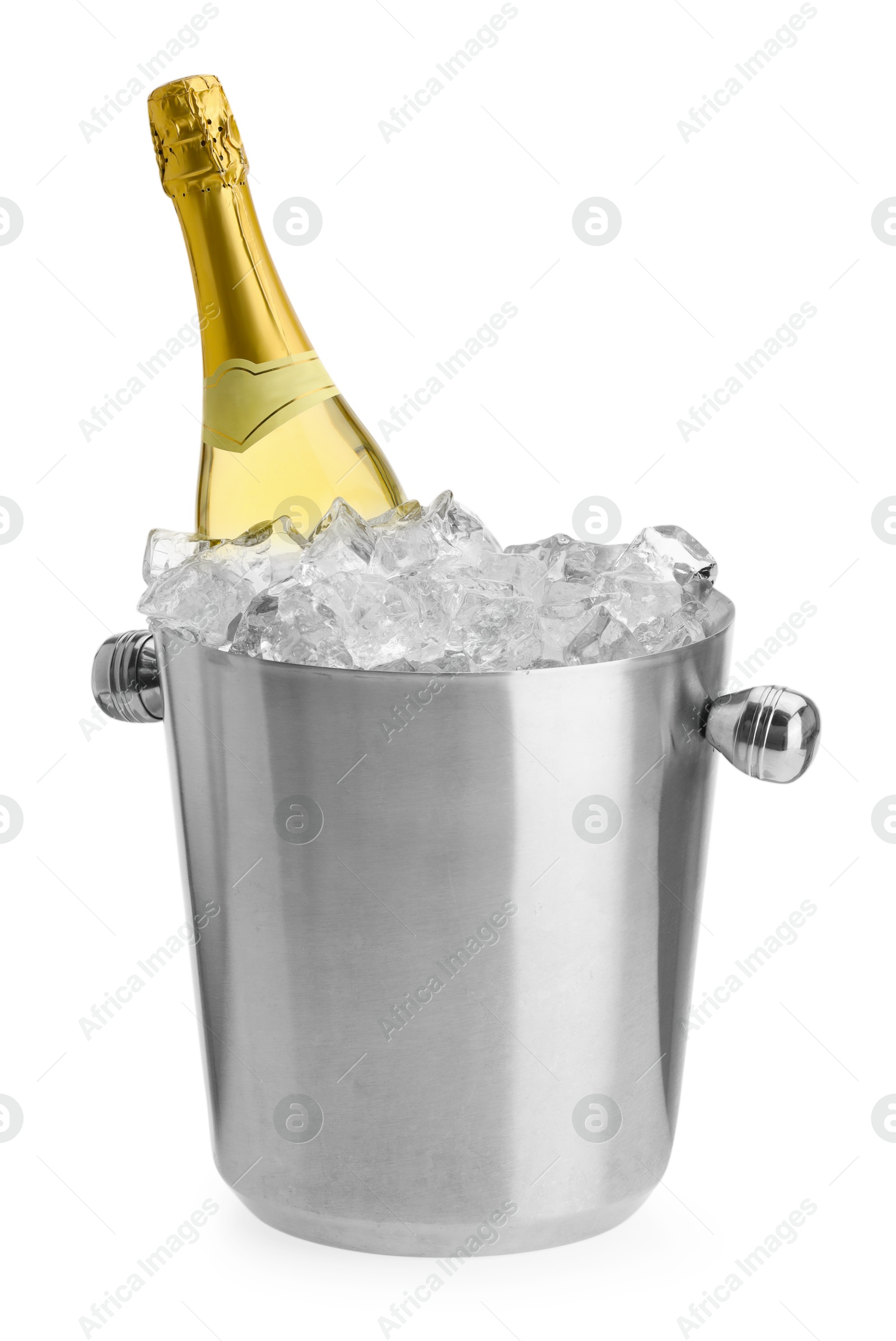 Photo of Bottle of champagne in ice bucket isolated on white