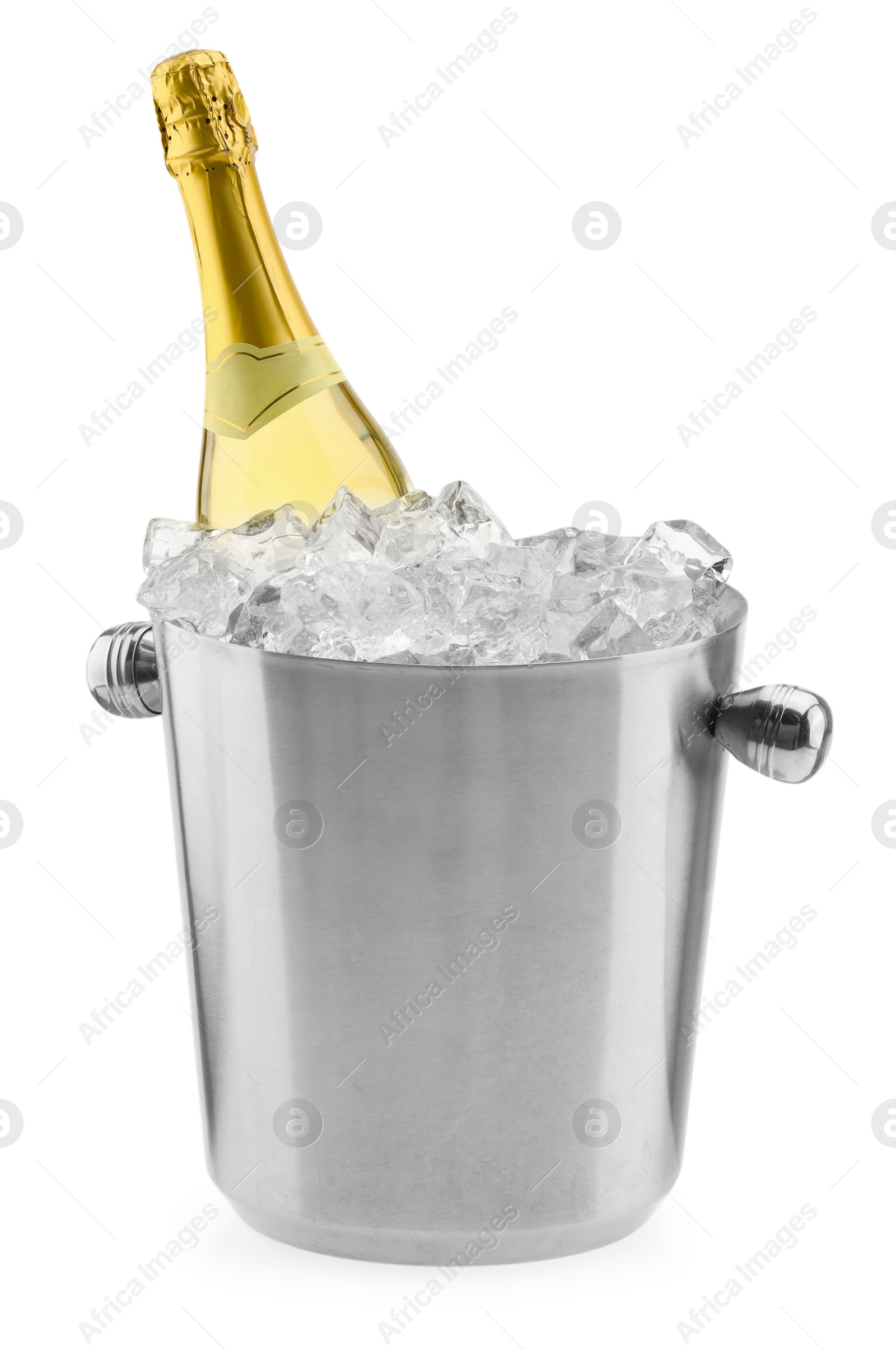 Photo of Bottle of champagne in ice bucket isolated on white