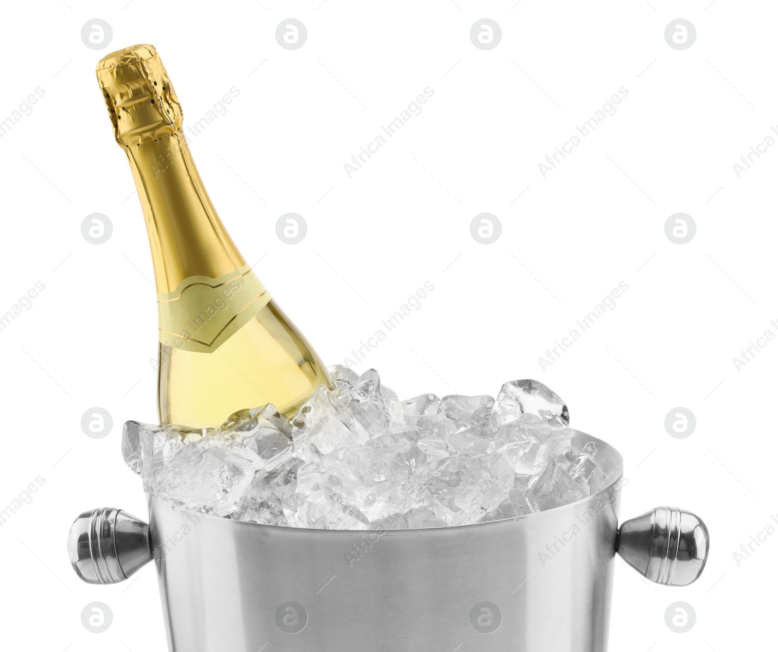 Photo of Bottle of champagne in ice bucket isolated on white