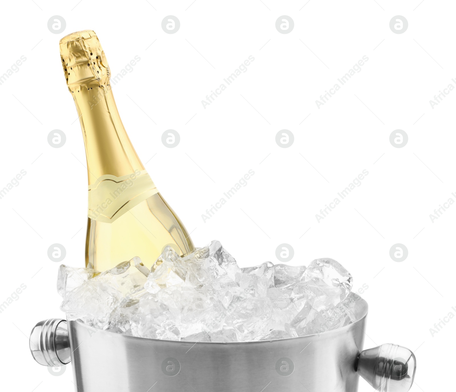 Photo of Bottle of champagne in ice bucket isolated on white