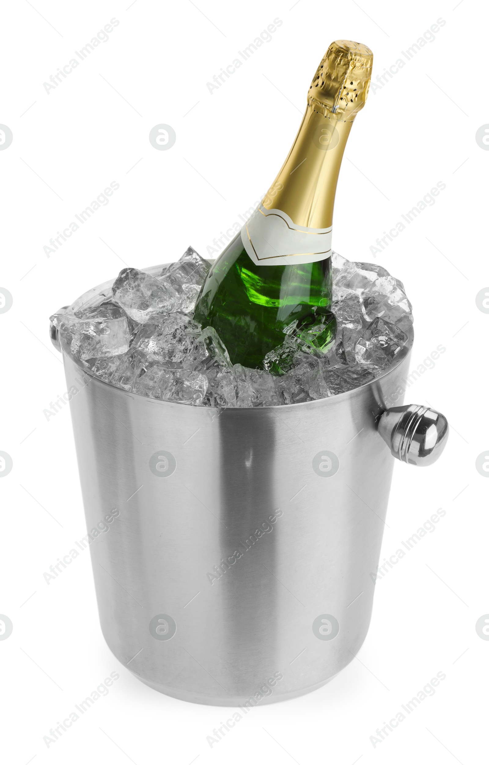 Photo of Bottle of champagne in ice bucket isolated on white