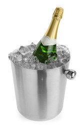 Bottle of champagne in ice bucket isolated on white