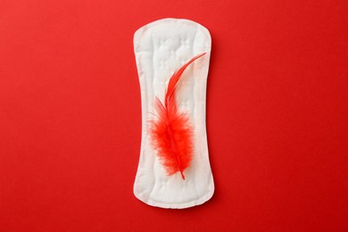 Photo of Menstrual pad with feather on red background, top view