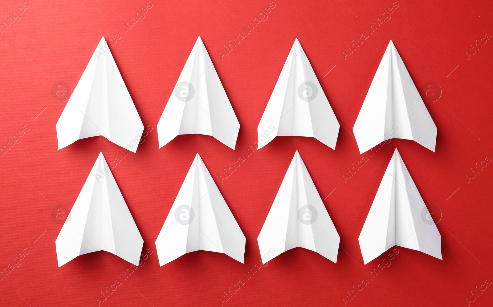 Photo of White paper planes on red background, top view