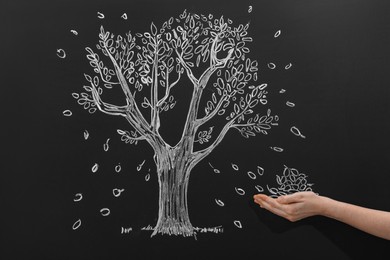 Photo of Woman pretending to catch leaves fallen from tree on chalkboard, closeup