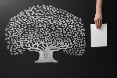 Photo of Woman holding blank paper sheet over chalkboard with tree drawing, closeup