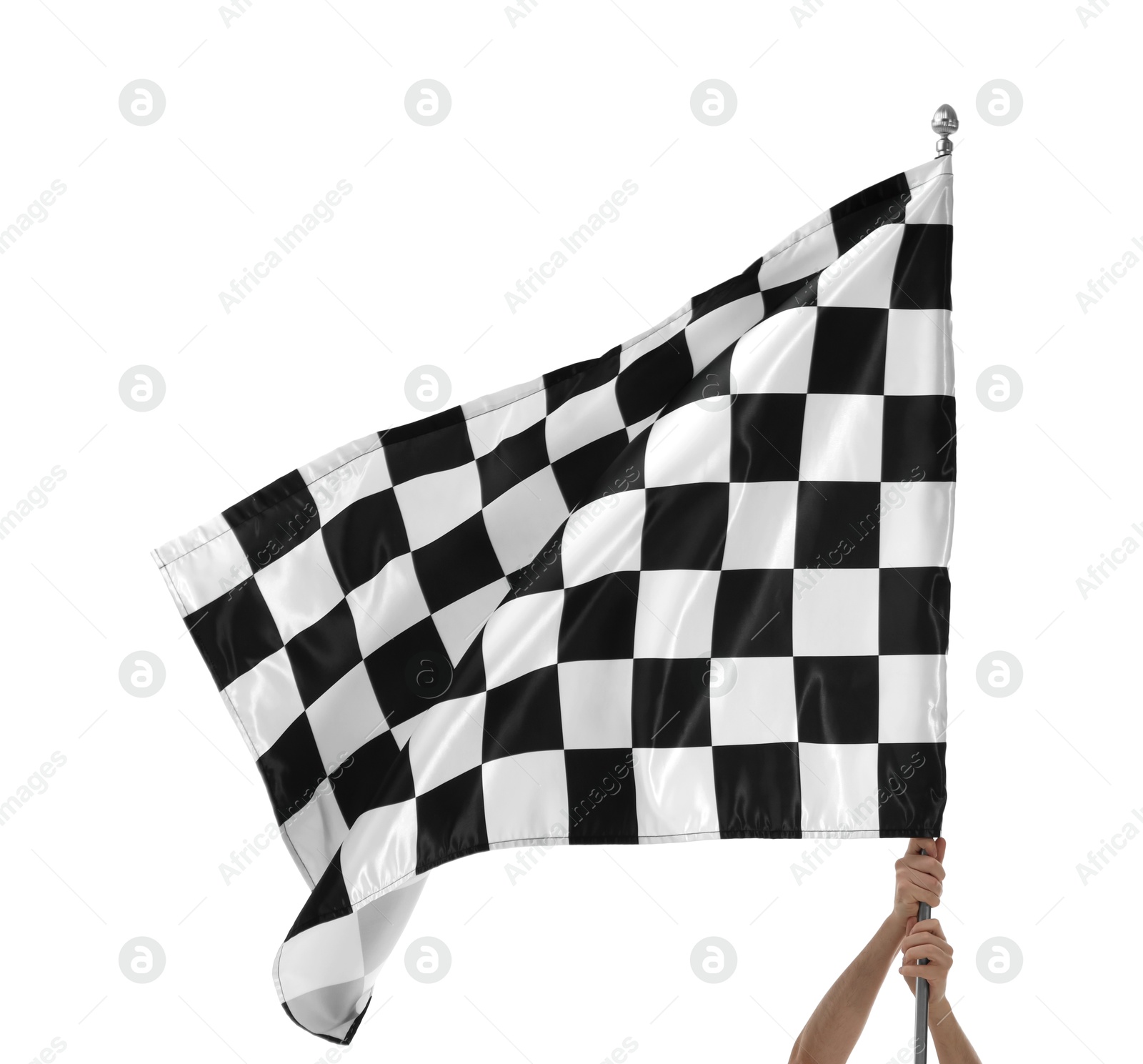 Photo of Woman with checkered flag on white background, closeup