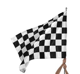 Photo of Woman with checkered flag on white background, closeup