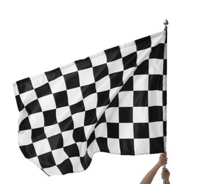 Photo of Woman with checkered flag on white background, closeup