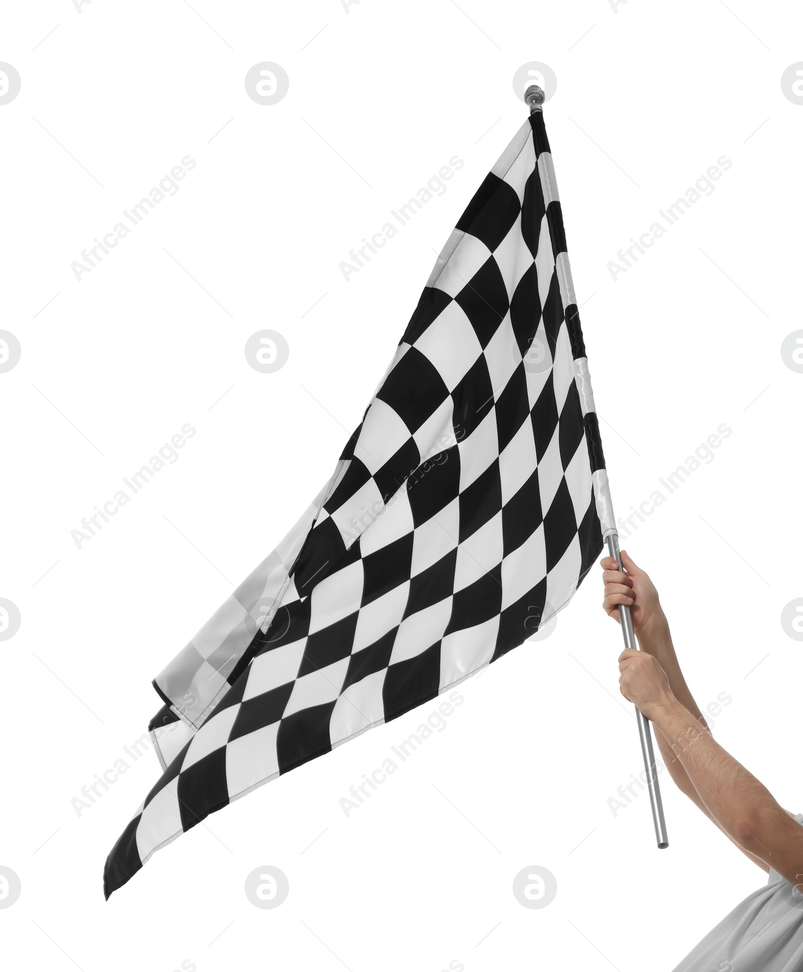 Photo of Woman with checkered flag on white background, closeup