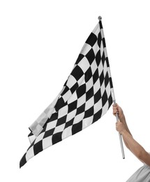 Photo of Woman with checkered flag on white background, closeup