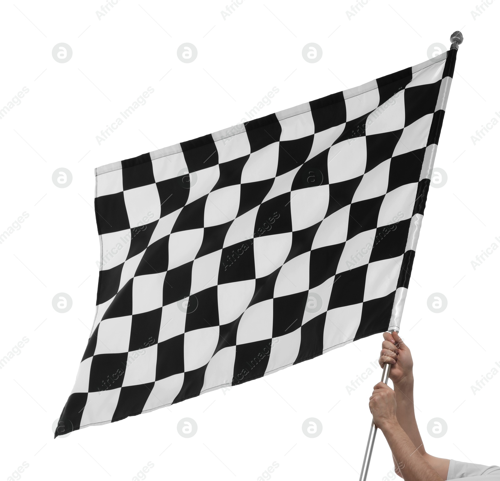 Photo of Woman with checkered flag on white background, closeup